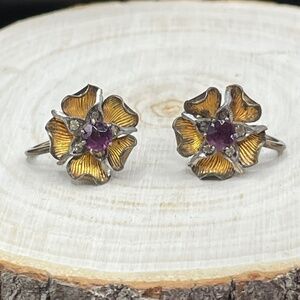 Vintage Sterling Gold Vermeil Purple Screw Back Earrings